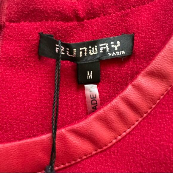 RW Runway Paris Dress Red Cap Sleeve Faux Leather Trim Career Dress Medium NEW - Picture 2 of 12